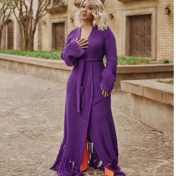 HANIFA MIYA KNIT CARDIGAN DRESS IN EGGPLANT /PLUM - Picture 5 of 11